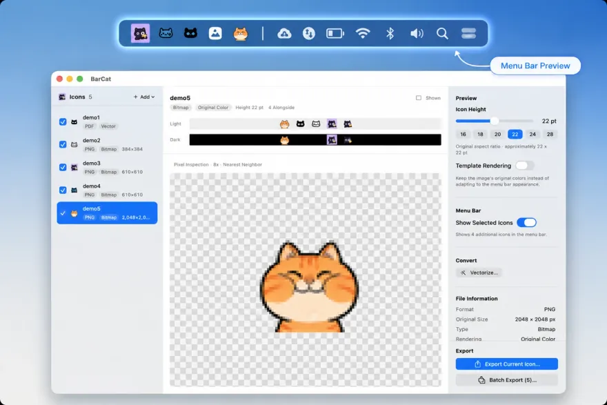 BarCat main window — preview, compare, and inspect menu bar icons