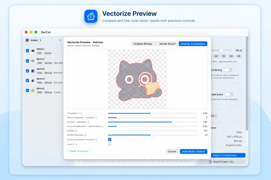 BarCat vectorization — convert a bitmap icon into a vector PDF