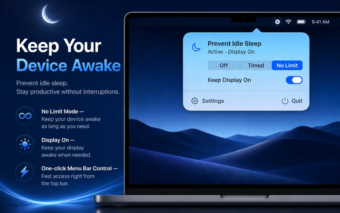 NoNap — A menu bar app that prevents idle sleep — Mac App Store edition.