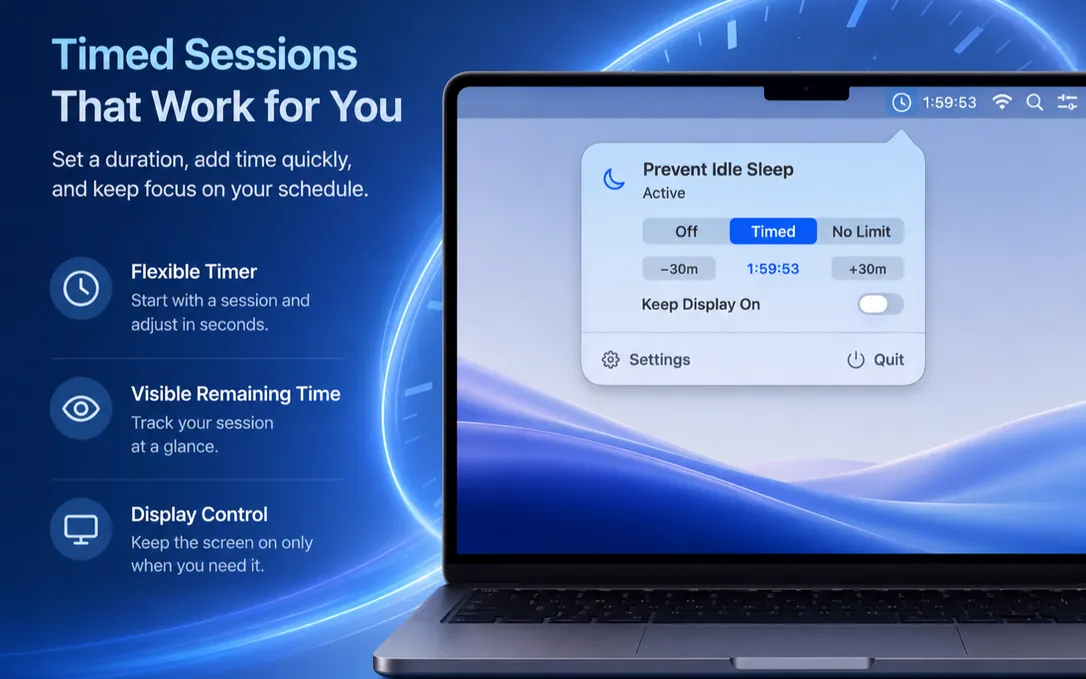 NoNap timed session panel — a countdown with controls to step the duration, end the session, or switch to No Limit